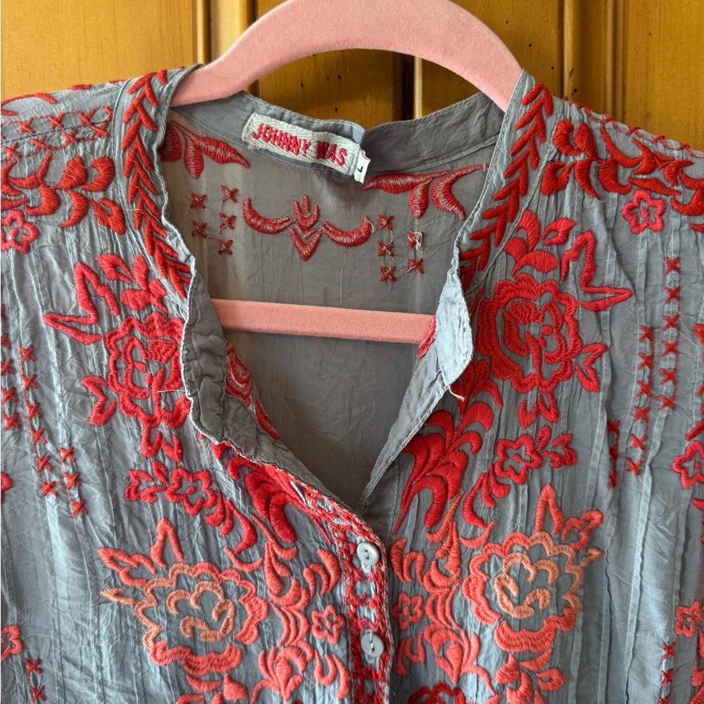 Johnny Was Charcoal Blouse with Coral Embroidery